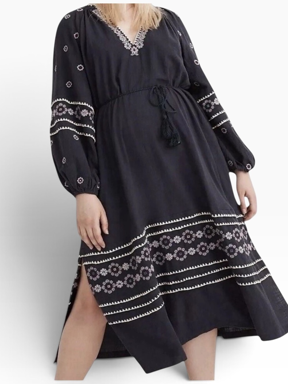MADEWELL Navy Blue Embroidered Long Sleeve Midi Dress - Large